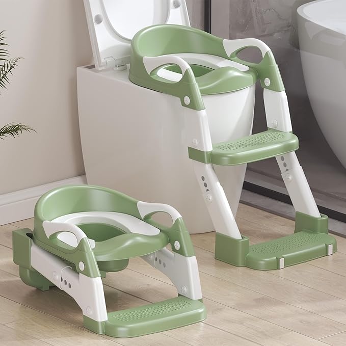 2-in-1 Toddler Potty Training Toilet Seat with Step Stool Ladder – Adjustable Height Potty Chair Urinal for Baby Boys Girls Age 1-3, Foldable Training Potty with Splash Guard & Anti-Slip Feet, Green-CubbioJoy