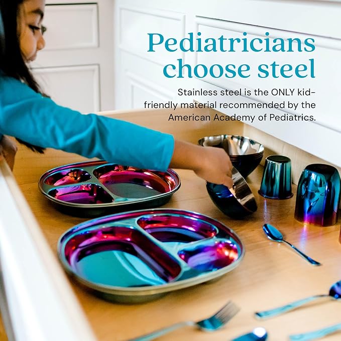 Ahimsa Stainless Steel Kids Dinnerware Set - 5 Piece Stainless Steel Toddler Plates and Bowls Set, Pediatrician Designed, Plastic Free Toddler Plate and Bowl, Kids Utensils and Cup (Blue)-CubbioJoy