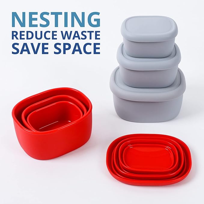 BLUE GINKGO Nesting Silicone Containers - Set of 3 Hard-Shell Silicone Food Storage Containers | BPA Free, Airtight, Dishwasher and Freezer Safe (6.7oz, 10oz, 20oz) - Red-CubbioJoy
