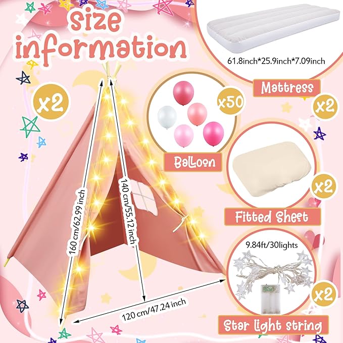 2 Pack Kids Teepee Tent with Mattress,Fitted Sheet,Light String,Washable Natural Cotton Toddler Play Tent for Girls Boys Indoor Outdoor Sleepover Slumber Birthday Party(Pink)-CubbioJoy