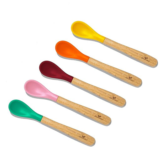 Avanchy Bamboo & Silicone Infant Training Spoons, BPA Free - Soft Tip, Easy on Gums, First Stage Feeding Utensils for Baby-Led Weaning, Self-Feeding, Assorted w/Pink-CubbioJoy