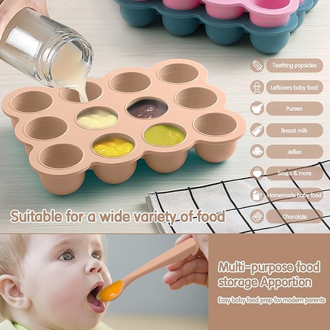 Baby Food Storage 12 x 1.5OZ Silicone Freezer Tray with Lid, Food Grade Silicone Containers for Purees & Vegetables Light Brown-CubbioJoy