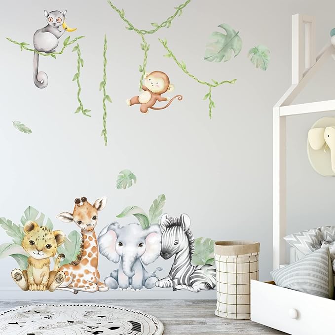 59.05x53.14 Inch Woodland Animals Wall Decals - Forest Animal Wall Decal with Elephant, Zebra, Monkey, Giraffe - Nursery Decor for Home, Baby Room, Boys & Girls Bedroom Art-CubbioJoy