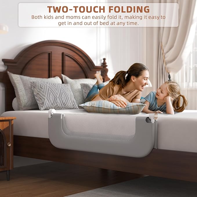 Bed Rail for Toddlers, Baby Bed Rail Guard for Kids, Toddler Bed Rails with Reinforced Anchor Fit, Height Adjustable & Foldable Bed Rail Guard for Twin, Full, Queen & King Beds (Grey, 32IN)-CubbioJoy