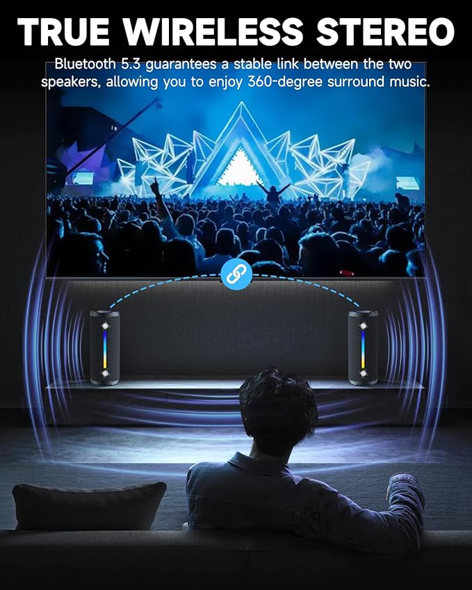 Bluetooth Speakers Wireless Loud Stereo Sound IPX7 Waterproof Outdoor Portable 25W Super Bass Speaker for Home Party Beach with 24H Playtime Colorful Lights BT5.3 TWS Pairing Birthday Gift Black-CubbioJoy