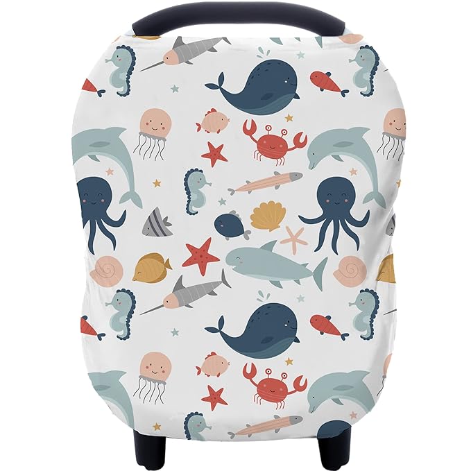 Carseat Cover Boy and Girls - Multi-use Nursing Car Seat Canopy Cover for Breastfeeding, Infant Stroller Cover, High Chair Cover (Cute Fish)-CubbioJoy
