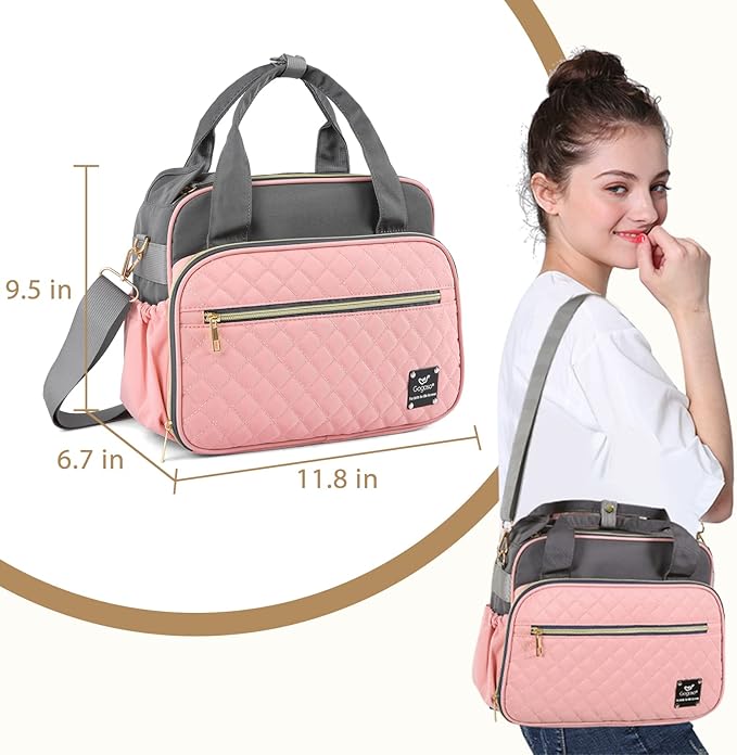 Crossbody Small Diaper Bag, Cute Mini Baby Diaper Tote Bags with Insulated Pockets for Traveling Outdoor Parent, Pink & Gray-CubbioJoy