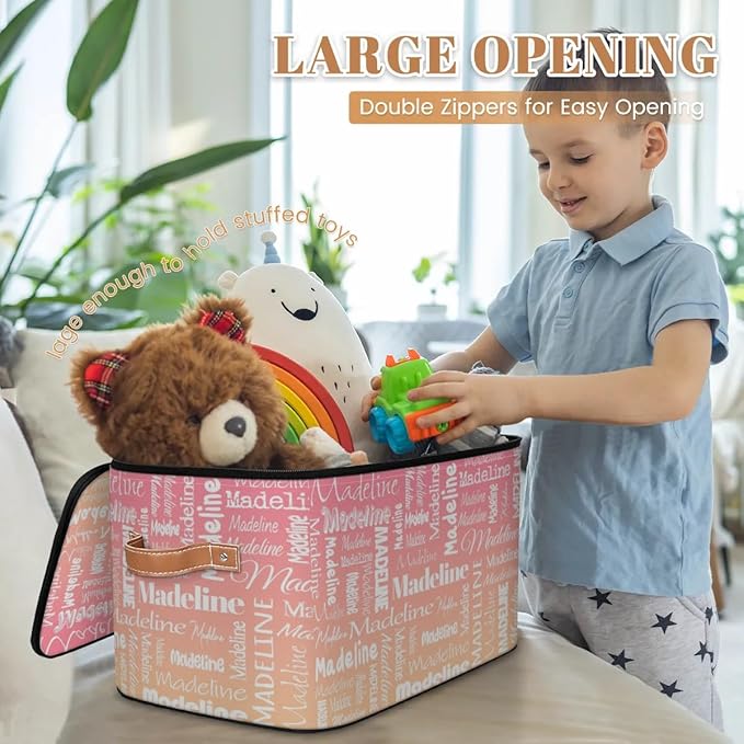 Custom Storage Basket with Name, Personalized Storage Bins with Zipper Lid, Foldable Fabric Storage Box Large capacity with Handle Pink Apricot-CubbioJoy