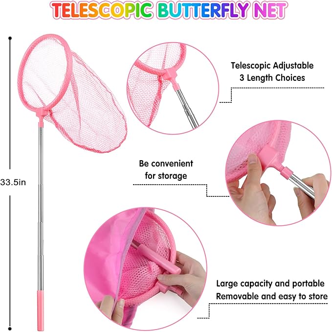 INNOCHEER Kids Explorer Kit & Bug Catcher Kit & Safari Costume Kit, Outdoor Exploration Set with Hat, Vest, Butterfly Net and Bugs Book for Boys Girls 3-12 Years Old (Camouflage Pink)-CubbioJoy