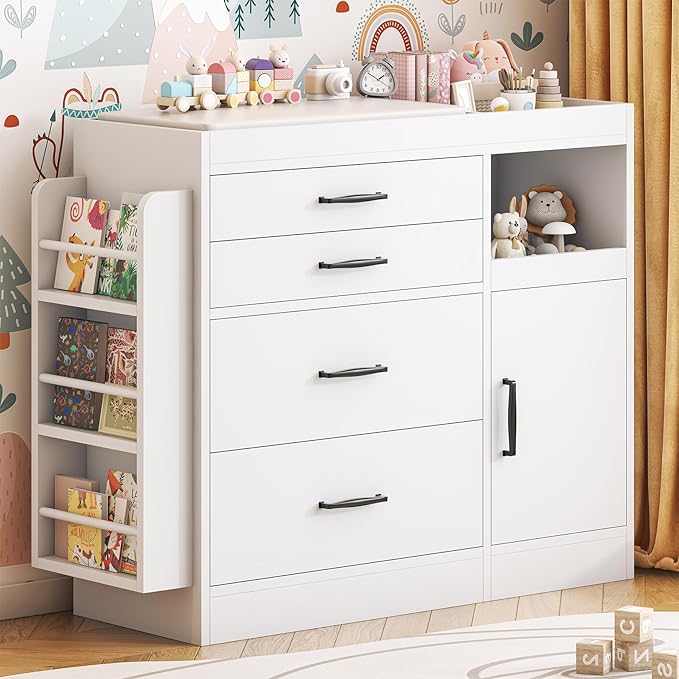 Bigbiglife Changing Table Dresser, Baby Nursery Dresser with 4 Drawers & 1 Cabinet & 3 Open Shelves Storage, Modern Diaper Changing Station for Children's Room, Changing Pad Included, White-CubbioJoy