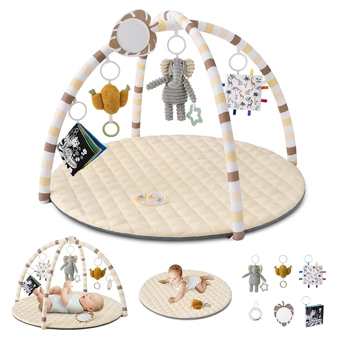 Blissful Diary Baby Play Gym Mat, Tummy Time Activity Mat with 6 Detachable Toys for Stage-Based Sensory & Motor Skill Development, Easy to Install & Clean, Baby Essentials Gift, Sandy Beige-CubbioJoy