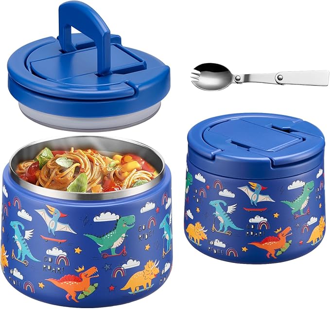 14oz Insulated Vacuum Food Jar with Buckle Lid,Soup Thermo for Hot Food Kids,Wide Mouth Leakproof Stainless Steel Lunch Container with Spoon-Dinosaur-CubbioJoy