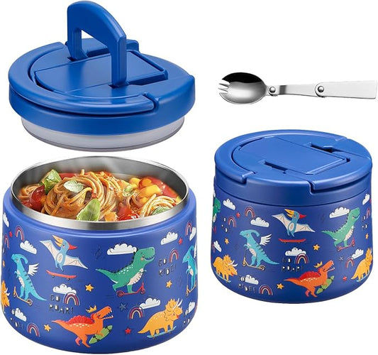 14oz Insulated Vacuum Food Jar with Buckle Lid,Soup Thermo for Hot Food Kids,Wide Mouth Leakproof Stainless Steel Lunch Container with Spoon-Dinosaur-CubbioJoy
