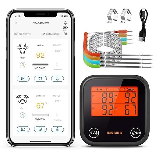 INKBIRD Dual Mode WiFi Wireless Meat Thermometer, 4 Probes with Clear LCD for Smoking, Bluetooth Meat Thermometer with Smart APP Control for Oven, Cooking-CubbioJoy