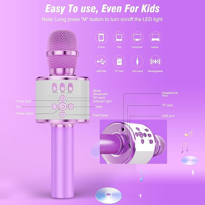 BONAOK Karaoke Microphone for Kids & Adults - Bluetooth Microphones Singing Mic with Disco Lights, Echo Effect, Built-in Speaker Portable Karaoke Player for Party Travel Gifts Q78(Light Purple)-CubbioJoy