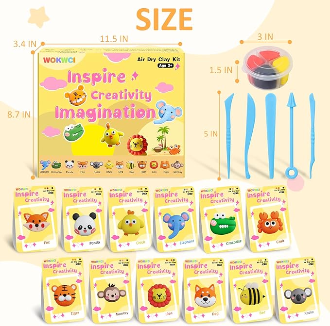 Air Dry Clay Kit for Kids, Modeling Magic Clay for Kids, Ultra Light & Soft, 12 Boxes DIY Animals Model with Step by Step Tutorial and 5 Sculpting Tools, Creative Art Crafts Toys Gifts for Girls Boys-CubbioJoy