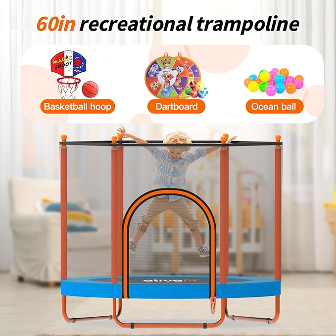 Ativafit 60'' Rebounder Trampoline Indoor Outdoor for Kids Ages 1-8, 5 FT Recreational Toddler Trampoline with Safety Enclosure Net Gifts with Basketball Hoop Dartboard Ocean Bal-CubbioJoy