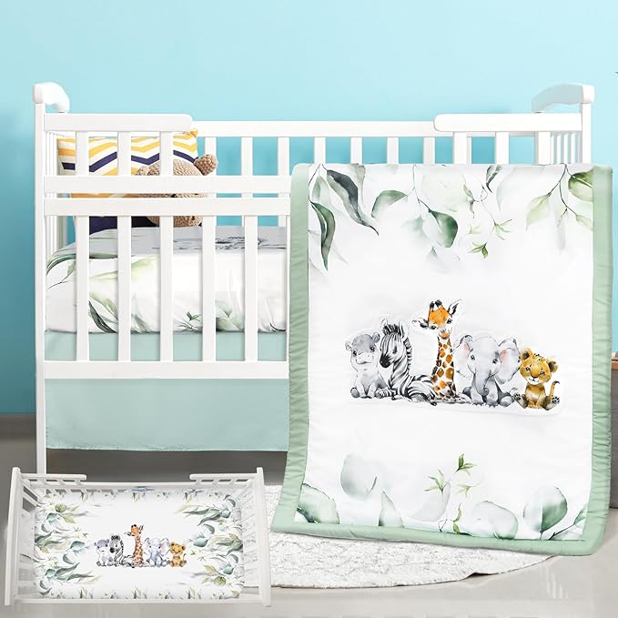3 Pcs Baby Crib Bedding Set Safari Animals Dinosaurs Bear Woodland Animals Jungle Crib Set Includes Quilt, Fitted Sheet, Skirt for Baby Boy Girl(Light Blue,Safari)-CubbioJoy