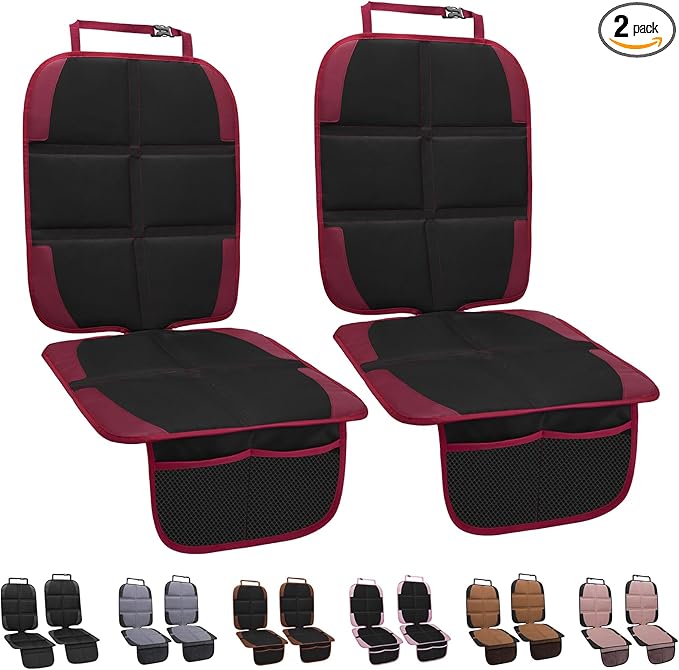 Car Seat Protector for Child, 2 Pack With Mesh Pockets & Non-Slip Backing 600D Durable Under Baby Seat Cover for Back Seat (Burgundy, Standard)-CubbioJoy