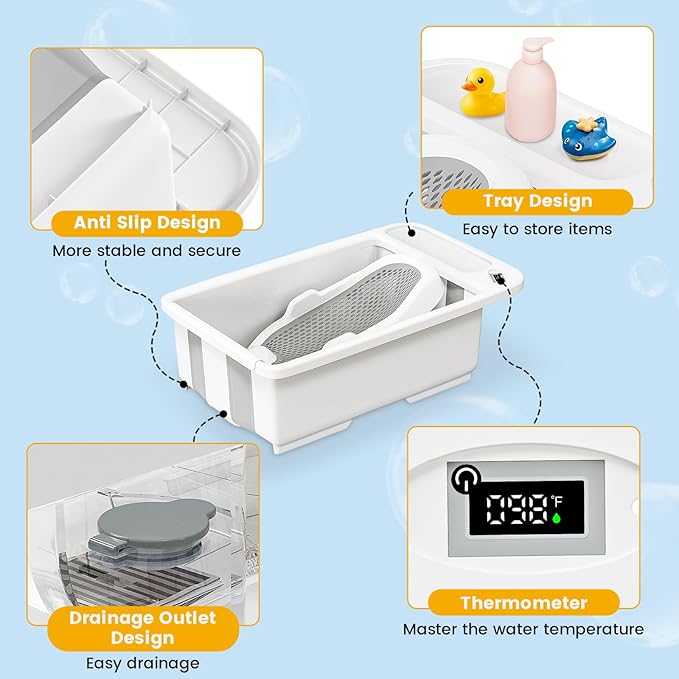 Collapsible Baby Bathtub with Smart Temperature Display & Bath Stand, Portable Travel Bathtub, Ideal for 0-36 Months Infants (Beige)-CubbioJoy