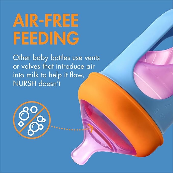 Boon Nursh Reusable Silicone Pouch Baby Bottles - Medium Flow Nipple - Silicone Baby Bottle Pouch and Nipple - Baby Feeding Essentials - Color Block - 3-6 Months - 3 Count - 8 Ounce-CubbioJoy