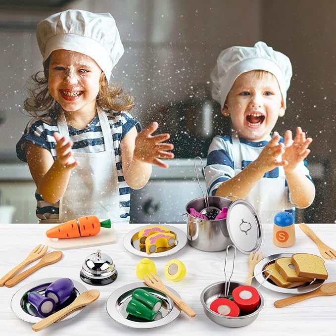 Juboury Pretend Play Kitchen Set - Toy Kitchen Accessories with Stainless Steel Cookware Pots and Pans, Plates, Cooking Utensils, Kids Chef Coat & Hat, Wooden Play Food for Kids, Girls, Boys, Toddlers-CubbioJoy