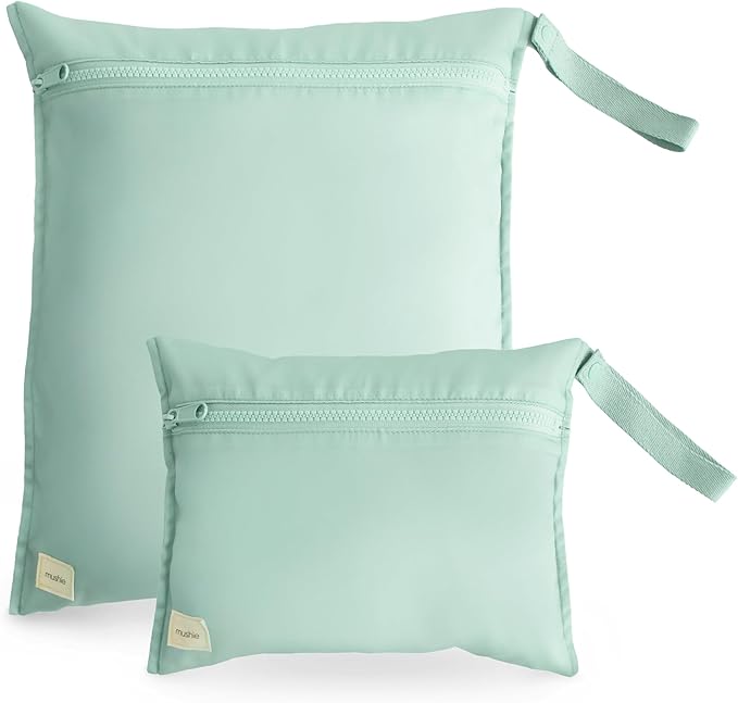 mushie Water Resistant Wet Bags | Large & Small Reusable Storage Bag for Baby Items and Travel | Zippered Pockets with Handle | Machine Washable, Set of 2 (Roman Green)-CubbioJoy