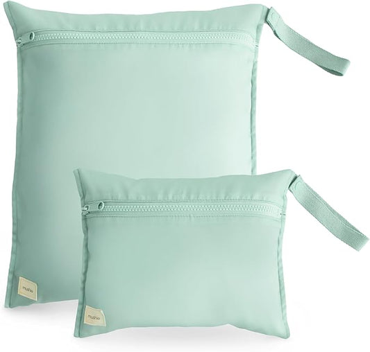 mushie Water Resistant Wet Bags | Large & Small Reusable Storage Bag for Baby Items and Travel | Zippered Pockets with Handle | Machine Washable, Set of 2 (Roman Green)-CubbioJoy