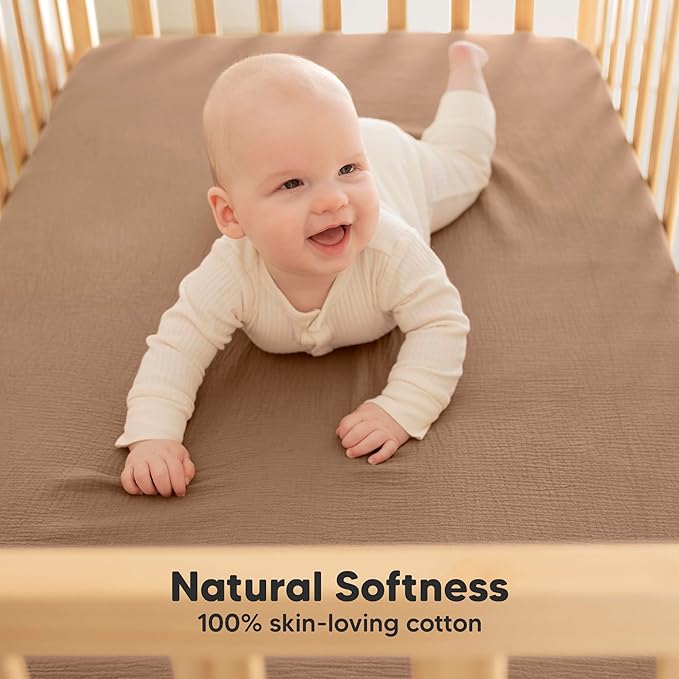 KeaBabies 2-Pack Muslin Crib Sheets for Boys, Girls - 100% Organic Cotton Fitted Baby Crib Mattress Sheet, Soft Breathable Standard Toddler Bed Cover Bedding Set, Neutral, Durable 52x28 (Russet)-CubbioJoy