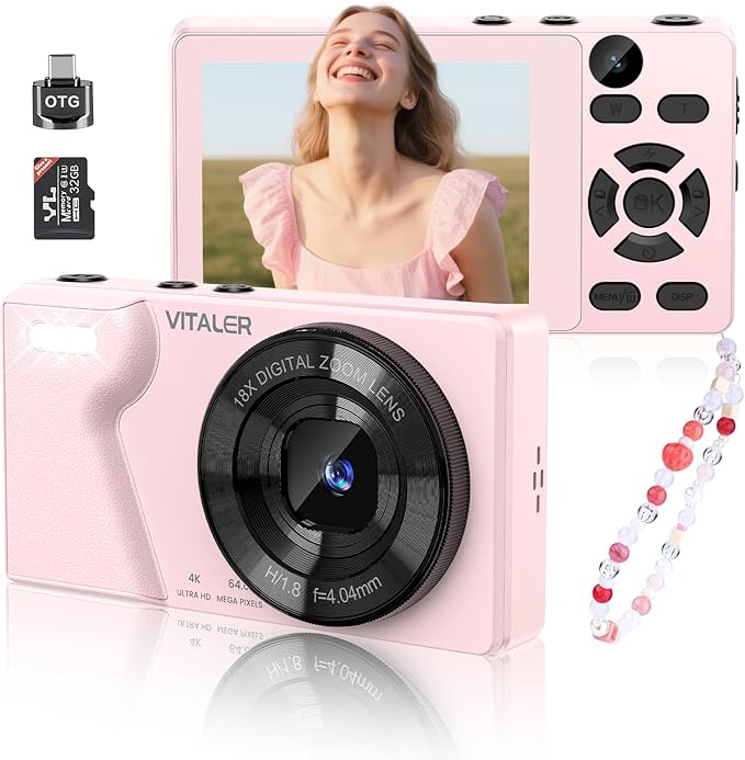 Digital Camera with Front Rear Lens, Autofocus 64MP 4K Camera for Photography with 32GB Card, Portable Compact Point and Shoot Camera for Teens Adult Beginner with Metal Shell, 2000mAh Battery-CubbioJoy