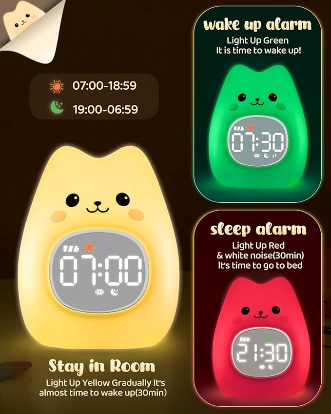 Cat Alarm Clock for Kids with Night Light, Sleep Training Clock Time to Wake Clock, Rechargeable Silicone Light for Bedroom, Perfect Sleep Companion for Boys Girls-CubbioJoy