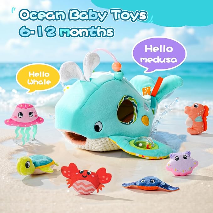 Koty Baby Toys 6-12 Months, Montessori Sensory Toys,My First Ocean Whale House Toy with 6 Sea Animals | Bell Shell, Squeaky Seahorse & Crinkle Paper | Baby Gift-CubbioJoy
