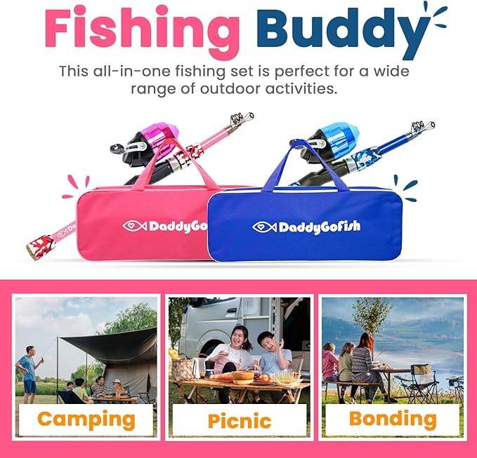 DaddyGoFish Kids Fishing Pole - Rod Reel Combo Tackle Box Starter Set - First Year Small Gear Kit for Boys Girls Toddler Youth Age Beginner Little Children-CubbioJoy