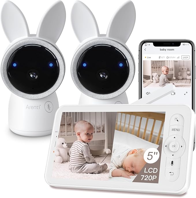 ARENTI Baby Monitor 2 Cameras, 2K Video Baby Camera with 5-Inch Upgraded Wireless Display, Super Night Vision, Lullabies, Cry & Motion Detection, Temp & Humidity Sensor, Two Way Audio-CubbioJoy