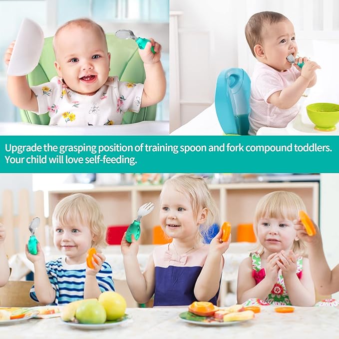 Deejoy Toddler Utensils - Stainless Steel Spoons and Forks, Kids Silverware Self Feeding Flatware Set with Travel Safe Case (Green)-CubbioJoy