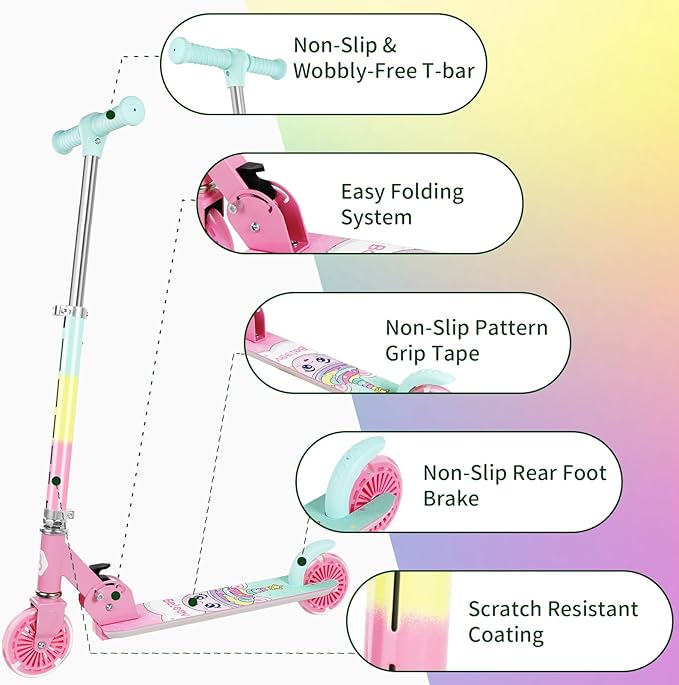BELEEV V2 Scooters for Kids with Light-Up Wheels & Stem & Deck, 2 Wheel Folding Scooter for Girls Boys, 3 Adjustable Height, Non-Slip Pattern Deck, Lightweight Kick Scooter for Children Ages 3-12-CubbioJoy