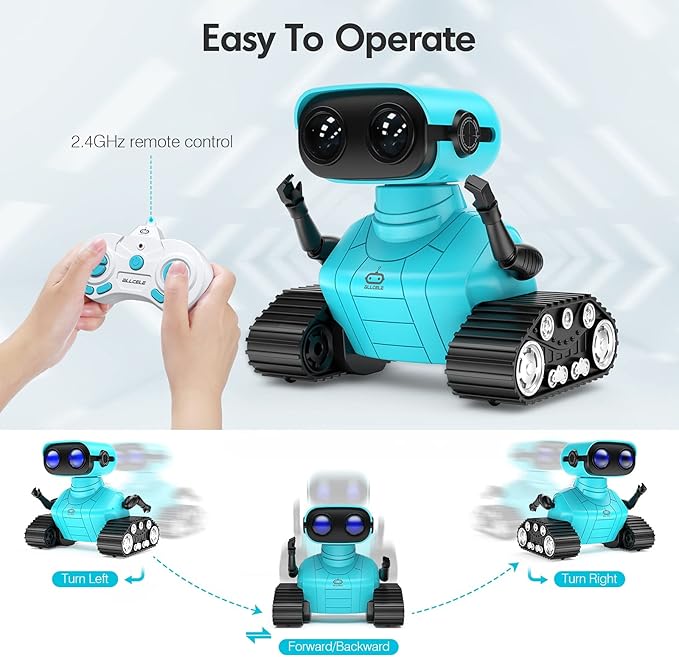 ALLCELE Robot Toys, Rechargeable RC Robots for Kids Boys, Remote Control Toy with Music and LED Eyes, Gift for Children Age 3 Years and Up - Blue-CubbioJoy