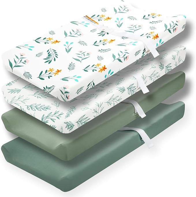 4 Pack Sage Green Fitted Nursery Sheets Breathable Neutral Unisex Baby Sheets for Boys or Girls with Leaf and Flower Design (Changing Pad Cover)-CubbioJoy