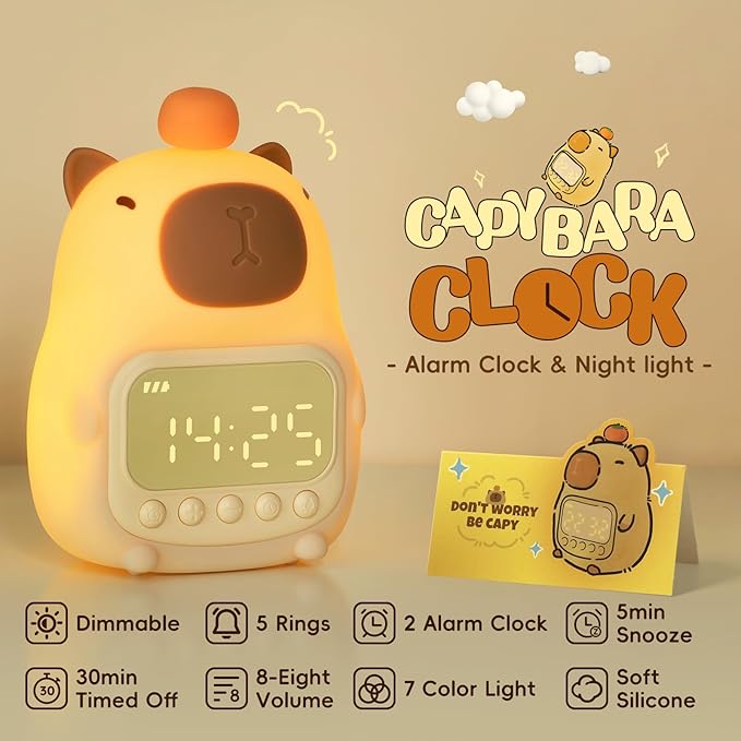 Capybara Alarm Clock with Night Light for Kids, 7 RGB Color Cute Alarm Clocks for Bedrooms Ok to Wake Clocks, Silicone Animal Tabletop Lamp for Teen Girls Boys-CubbioJoy