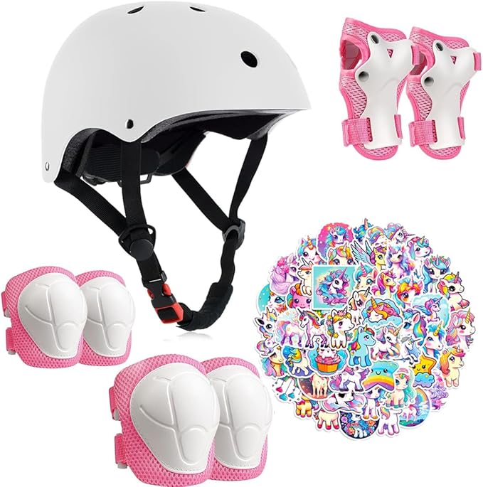 Kids Bike Helmet with Knee Elbow Wrist Pads Guards,Pink,for Ages 2-3-5-8-14,Sports Bicycle,Skate Scooter,Rollerblading with Unicorn Sticker-CubbioJoy