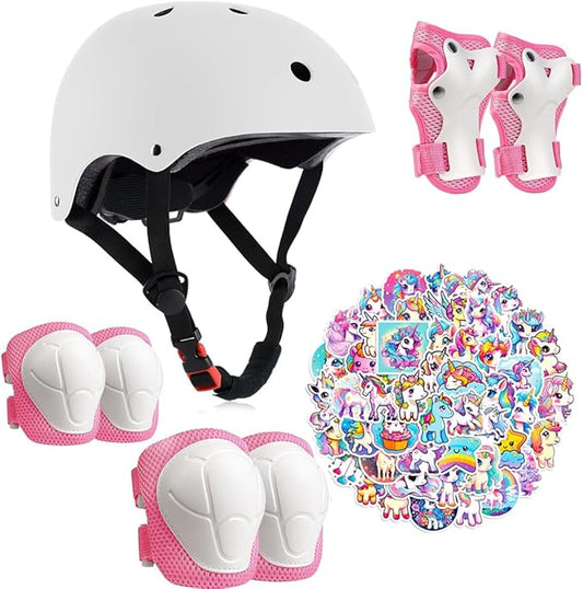 Kids Bike Helmet with Knee Elbow Wrist Pads Guards,Pink,for Ages 2-3-5-8-14,Sports Bicycle,Skate Scooter,Rollerblading with Unicorn Sticker-CubbioJoy