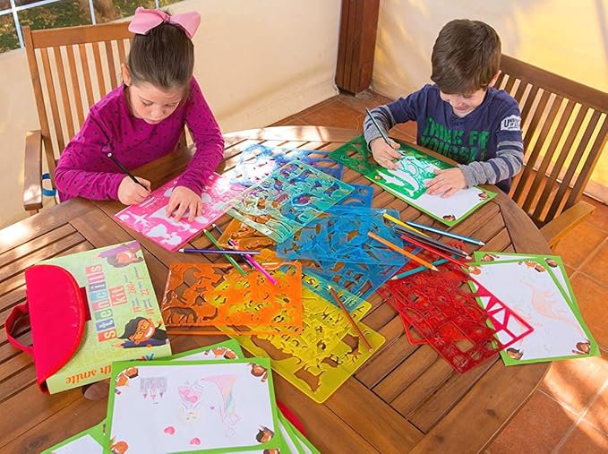 Drawing Stencils for Kids Kit & Carry Case – – Child-Safe, Non-Toxic Stencil Set with 300 Shapes, Colored Pencils, Paper, Etc. – Birthday Gifts & Travel Art Supplies for Creativity, Learning and Fun-CubbioJoy