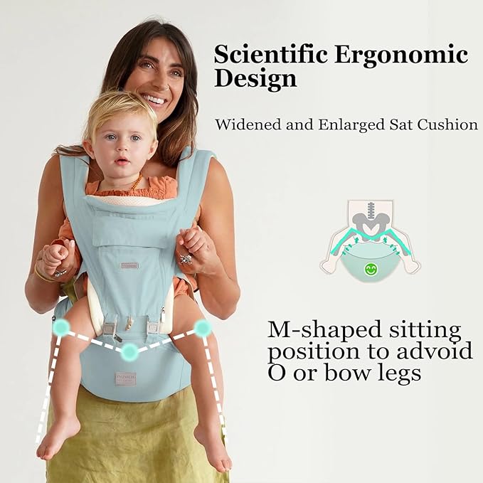 Baby Carrier, 3-in-1 Baby Carrier Newborn to Toddler with Hip Seat (Ergonomic M Position) for 0-36 Month/7-45lbs, Adjustable Size for Enhanced Lumbar Support,Perfect for On-The-go,Light Cyan-CubbioJoy