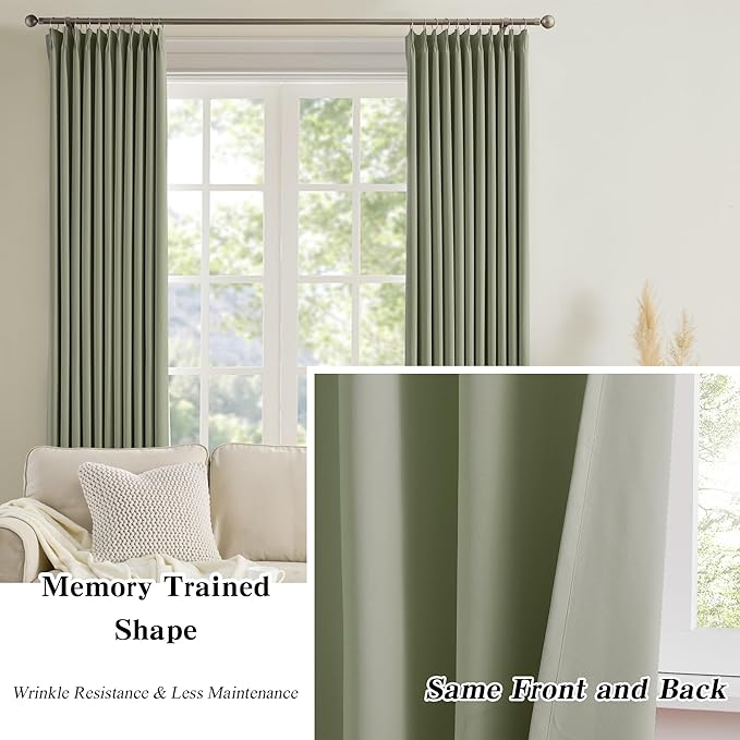 KEQIAOSUOCAI Sage Green Pinche Pleat Curtains 45 Inches Long Thermal Insulated Dark Black Out Short Drapery for Bedroom Light Blocking Window Covering Room Darkening Drapes for Nursery 40x45 2 Pieces-CubbioJoy