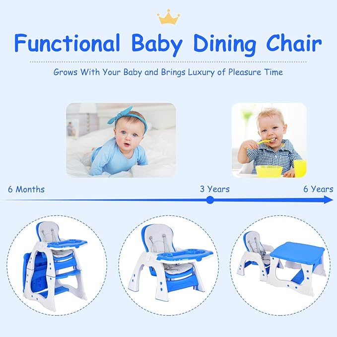 Costzon Baby High Chair, 3 in 1 Infant Table and Chair Set, Convertible Booster Seat with 3-Position Adjustable Feeding Tray, Adjustable Seat Back, 5-Point Harness (Blue)-CubbioJoy