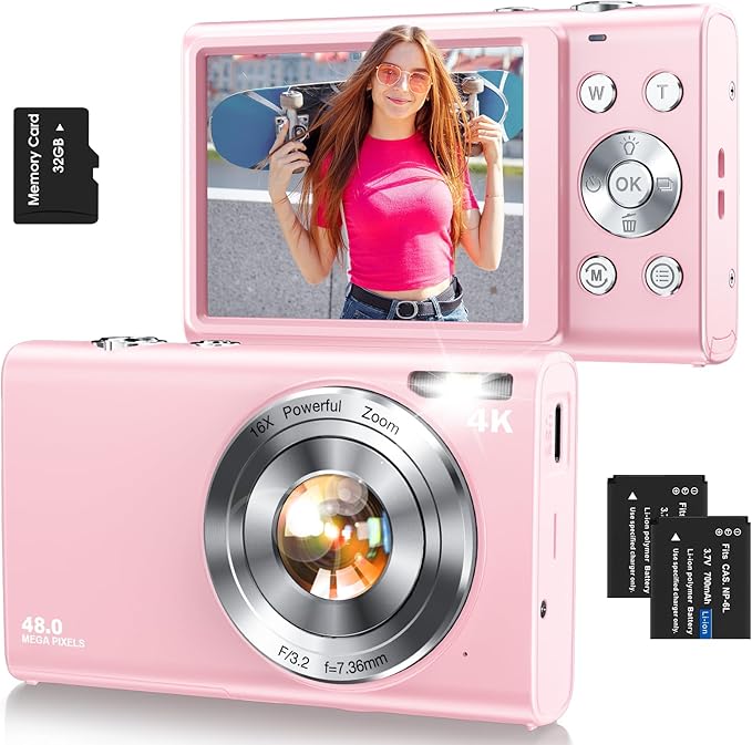 Digital Camera,Autofocus 4K Vlogging Camera for Photography with 32GB Card,48MP Portable Compact Point and Shoot Digital Camera for Teens Adult Beginner with 16X Zoom,Anti-Shake,2 Batteries(Pink)-CubbioJoy
