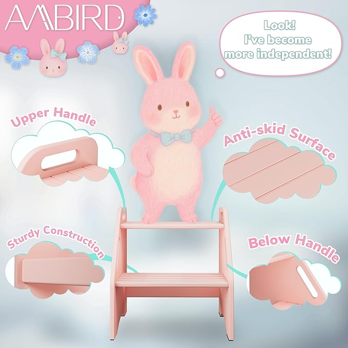 AMBIRD Wooden Kids Step Stool, 15.75'' H Potty Training Toddler 300 lbs Capacity with Safety Non-Slip Pads and Handles, Kitchen Step Stools for Kids, Bamboo Step Stool for Bathroom, High Beds (Pink)-CubbioJoy