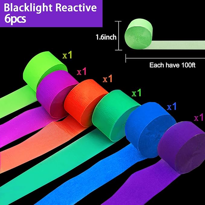 700ft Neon Paper Garland Glow in Dark Paper Streamers UV Reactive Round Dot Star Kit Banners for Neon Party Supplies, Wedding Decorations, Birthday Parties-CubbioJoy
