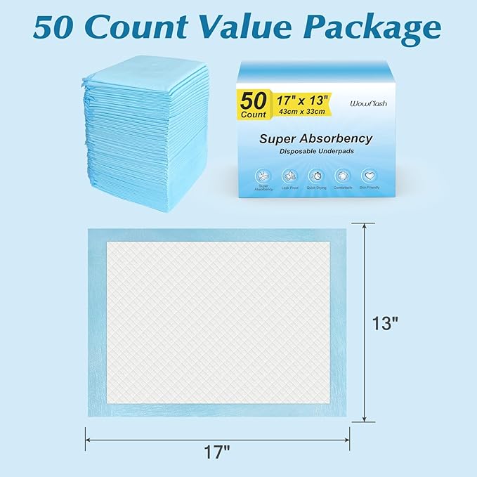 50 Count Super Absorbency Disposable Underpads, Leakproof Quick Drying Disposable Pads for Baby, Puppy and Adults, Disposable Changing Pads for Baby, Disposable Diaper Changing Pads, 17” x 13”-CubbioJoy