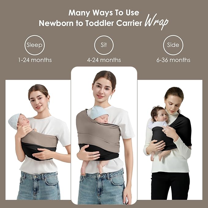 Baby Wrap Carrier, Lightweight Baby Wearing Wraps for Newborn and Infant, Soft Swaddle Holder Carrier, Cozy Baby Sling 7-35 lbs Black+Brown-CubbioJoy